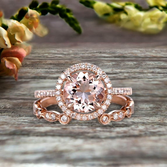 2.25 Carat 6mm Round Cut Morganite 10k Rose Gold Wedding Set Half Eternity Ring Art Deco Stacking Band Engagement Ring Anniversary Gift Halo Milgrain