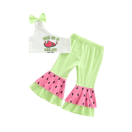 

Suanret Little Girls 2Pcs Pants Set Letter Sliced Watermelon Bow One Shoulder Crop Tops + Patchwork Long Flared Pants Green 5-6 Years