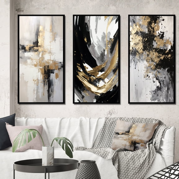 Designart "Essential Bliss Minimalist Gold Abstract Painting" Abstract Painting Framed Wall Art Set Of 3 - Gold Modern Frame Gallery Set For Office Decor