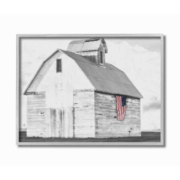 The Stupell Home Decor Rustic US Barn Flag Black and White Gray Framed Texturized Art