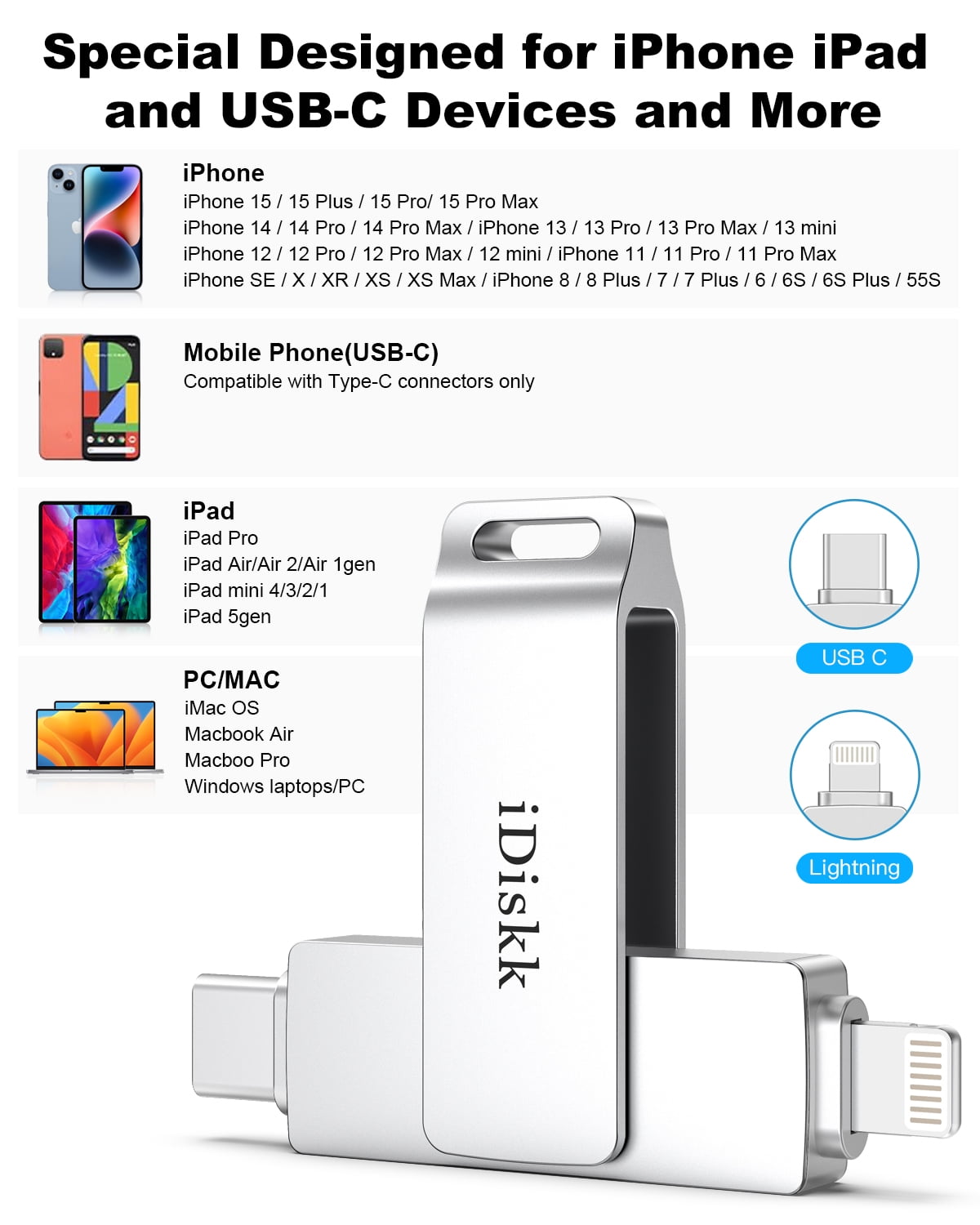 iDiskk MFi Certified 256GB Flash Drive for iPhone Photo Stick for iPhone, iPad, and Macbook - Thumb Drive with Lightning and USB Type-C Connectors