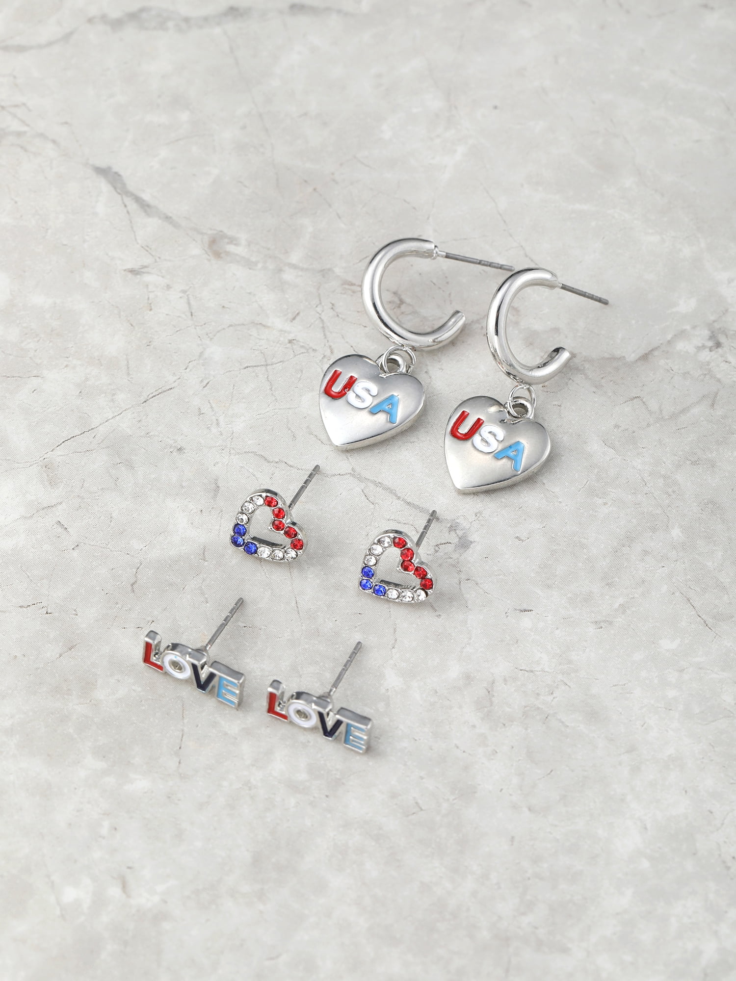Way to Celebrate Americana Silvertone Hearts Earring Trio, 3 Pairs