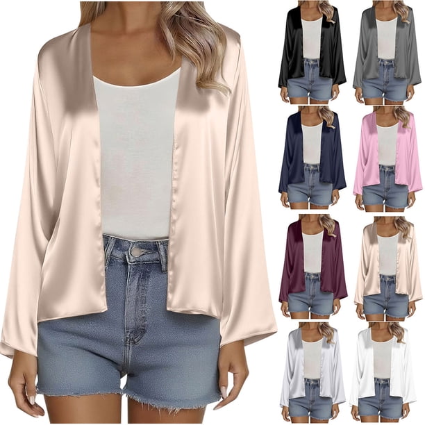 Camisas holgadas,Cárdigan de seda para mujer, blusa informal holgada, top de manga larga de color liso, tejido de poliéster, para uso doméstico, sopatenor