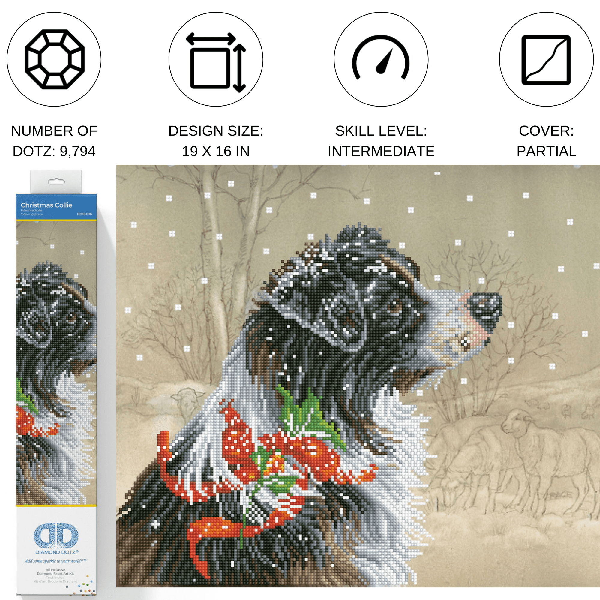 Diamond Dotz Christmas Collie Diamond Painting Kits for Adults - Diamond Art Kits a Relaxing Creative Craft Kit with Dotz Gems 19x16