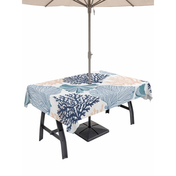 Outdoor Tablecloth with Umbrella Hole for Patio/Picnic/Party/Camping, Teal Blue Coastal Waterproof Table Cloth Rectangle Table Cover Washable, Summer Coral Beach Nautical (60"x 120")