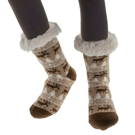 Women's Thermal Sherpa Slipper Socks – Plush Fleece, Warm & Toasty Footwear for Cold Winter Weather – Non-Skid Gripper Bottom, for Cozy Indoor Nights & Christmas Holidays - Brown Dark Brown