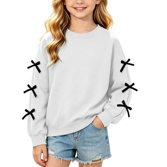 jobturf Girls Crewneck Sweatshirt Cute Black Bow Decor Long Sleeve Pullover Tops Holiday Party Fleece Lined Sweatshirts for Kids 130