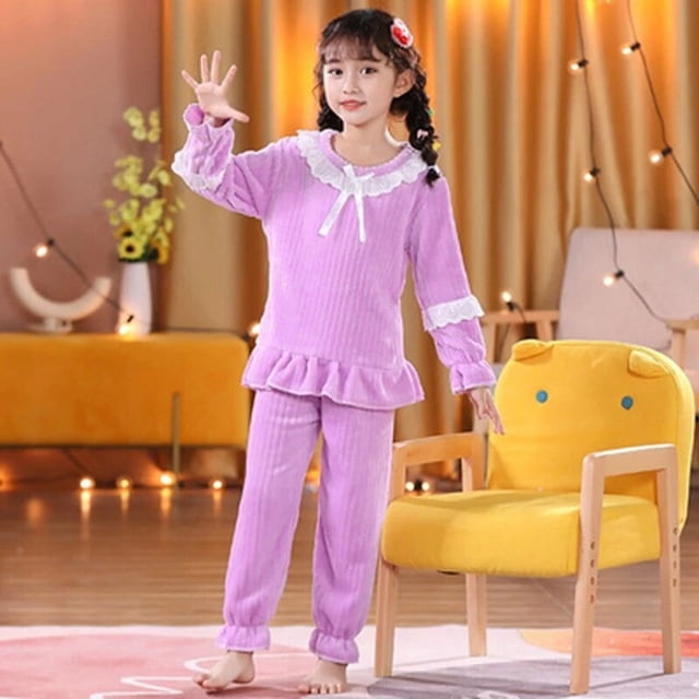 Pijamas de encaje de franela para niños, Conjunto de pijama de Navidad para niñas, ropa de dormir gruesa de princesa, pijamas cálidos de lana Coral