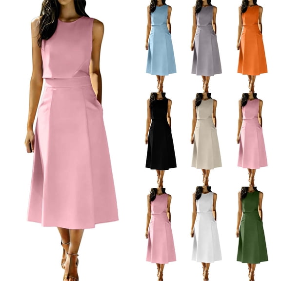 Bovxnpu Women Skirt Set Casual Office Outfits 2 Piece Sleeveless Crew Neck High Waisted A Line Skirts