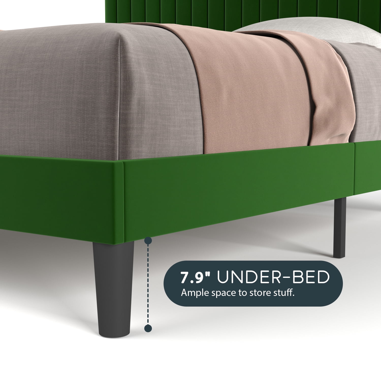 Einfach Queen Size Platform Bed Frame with Upholstered Adjustable Velvet Vertical Tufted Headboard, Green