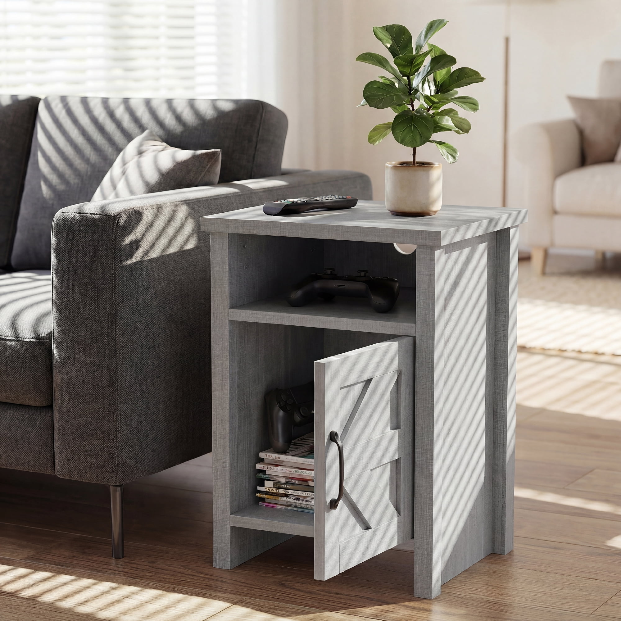 Homall Farmhouse Nightstand 1 Piece with Shelf and Barn Door Wood Modern Beside Tables for Bedroom Living Room, Gray