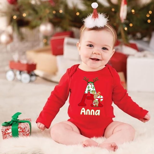 Body de bebé personalizado con inicial y nombre, traje de fiesta de Navidad para bebé, mono de algodón rojo, ropa para recién nacido, regalo para niño pequeño