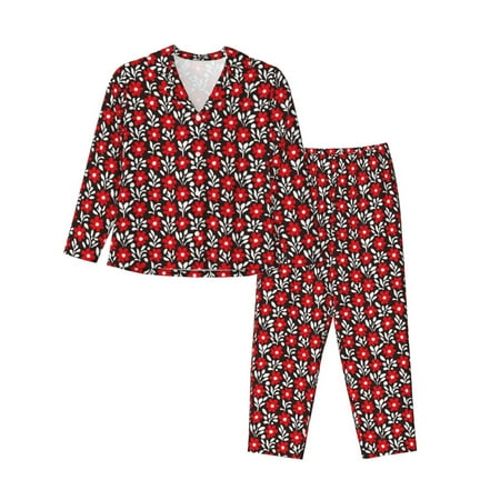 Picia Red Floral Pattern Womens Long-Sleeve Sleepwear Set - Soft 2-Piece Loungewear with Pockets  Comfy PJs for Relaxing Nights-Large