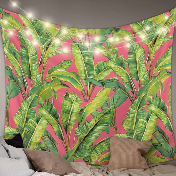 Green Tropical Leaves Tapestry for Bedroom Wall Hanging Tapestry, Summer Palm Botanical Pink Ceiling Backdrop Tapestries Poster Blanket Wall Decor for Teens Room Living Room Dorm 51" x 59"