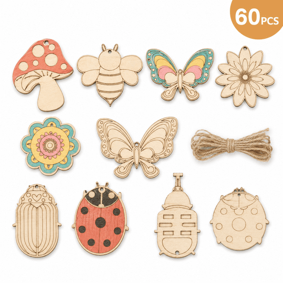 Kabuer Unfinished Wooden Ornaments for Painting, DIY Craft Decorations for a Creative Summer, 60 Pcs