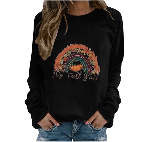 Babysbule Womens Hoodless Sweatshirt Thanksgiving Fashion Women's Casual Long Sleeve Round Neck Printed Ladies Hoodless Sweatshirts Tops