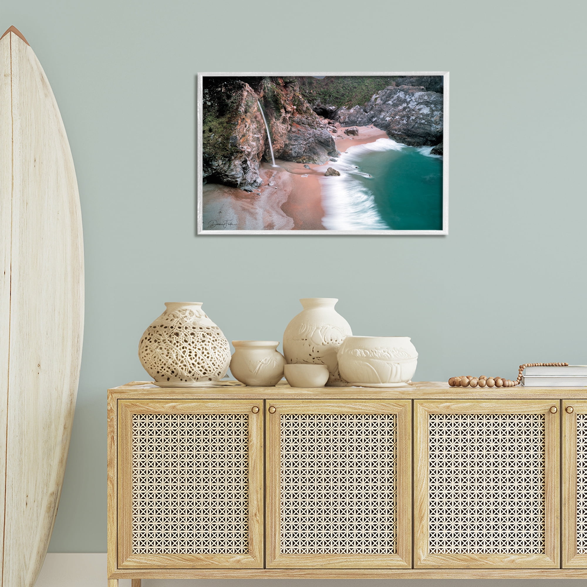 Stupell Industries Tropical Waterfall Cliffs Coastal Painting White Framed Art Print Wall Art, 30 x 20