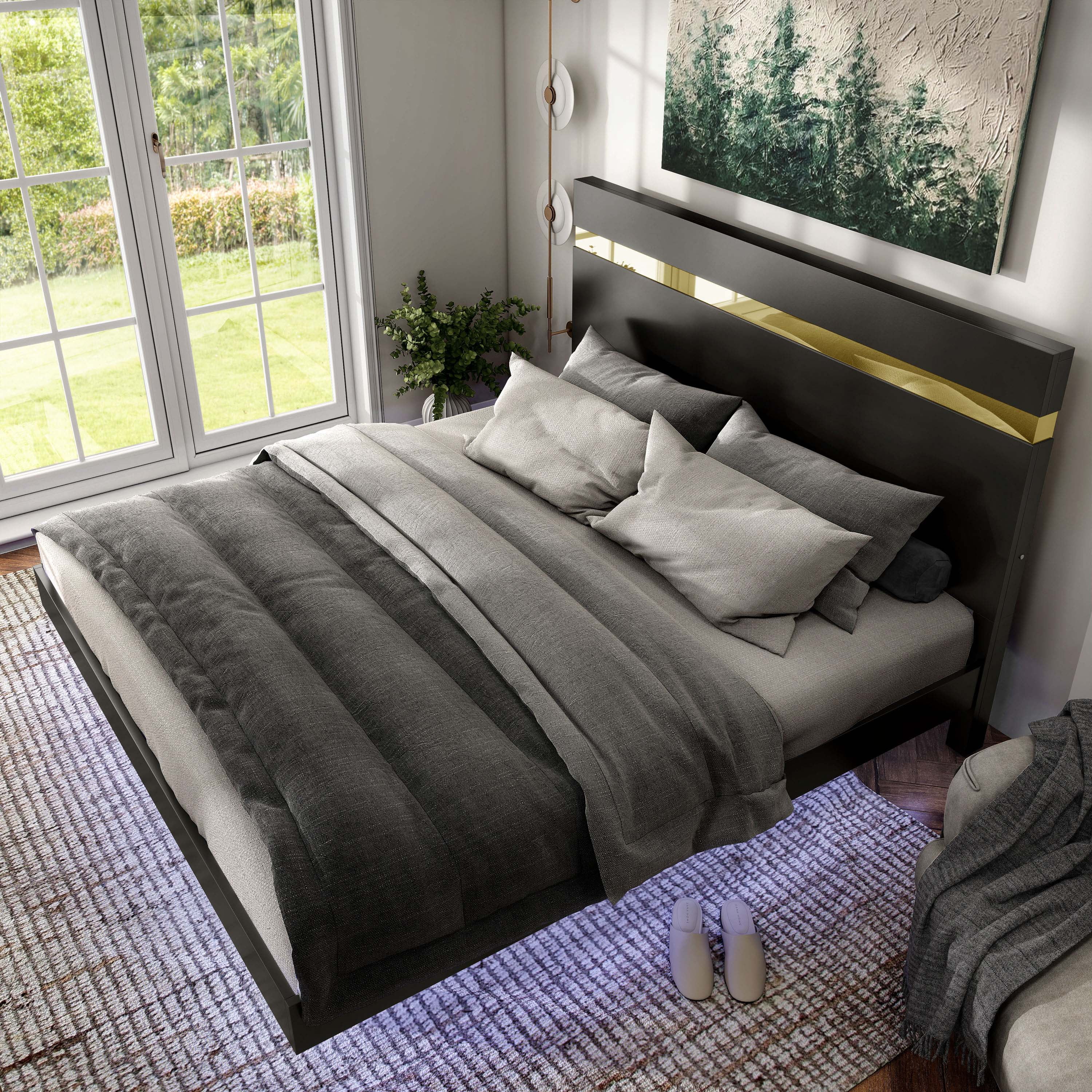 Furniture of America Chora Solid Wood Platform Bed with Underbed LED, Full, Black and Gold