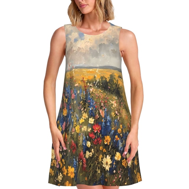 Fotbe Vibrant Wildflower Meadow Vestido de Verano sin Mangas para Mujer – Vestido Midi Línea A, Estilo Camiseta Floral, Vestido Playero Casual y Fluido