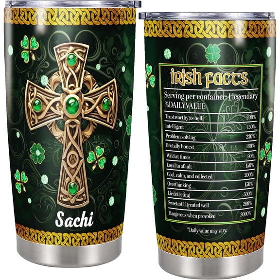 Personalized St Patricks Day Tumbler with Lid 20oz Stainless Steel Irish Fact Celtic Cross Insulated Cups Travel Coffee Mug Gifts for Women Christian Family Friends