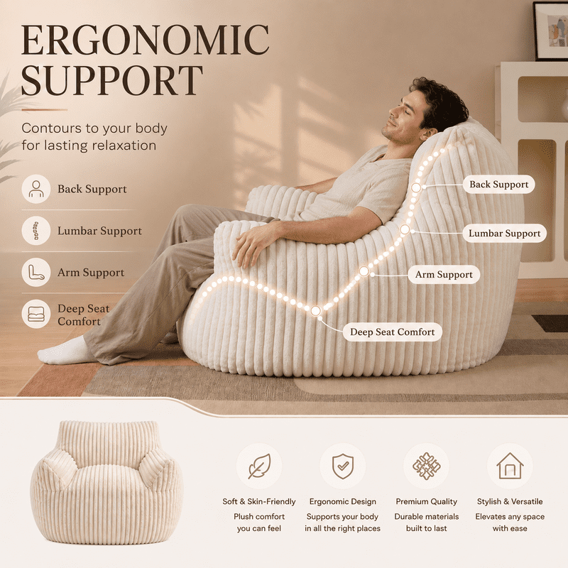 Giant Bean Bag Chair for Adults, 46" Oversized Corduroy Bean Bag Sofa with Armrests, Shredded Foam Floor Lounge Chair, Supports 400 lbs, Beige