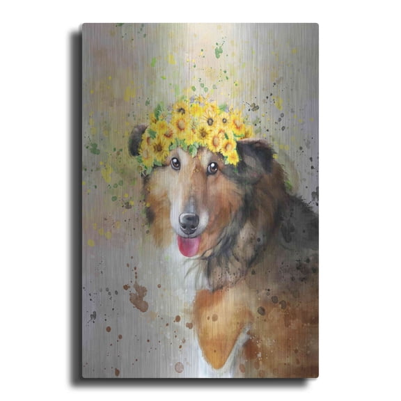 Luxe Metal Art 'Flower Crown Shetland Sheepdog' by Furbaby Affiliates, Metal Wall Art, 24"x36"