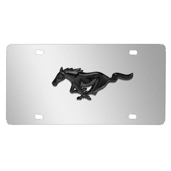 iPick Image for Ford Mustang 3D Black Pony Logo on Chrome Stainless Steel License Plate, Official Licensed