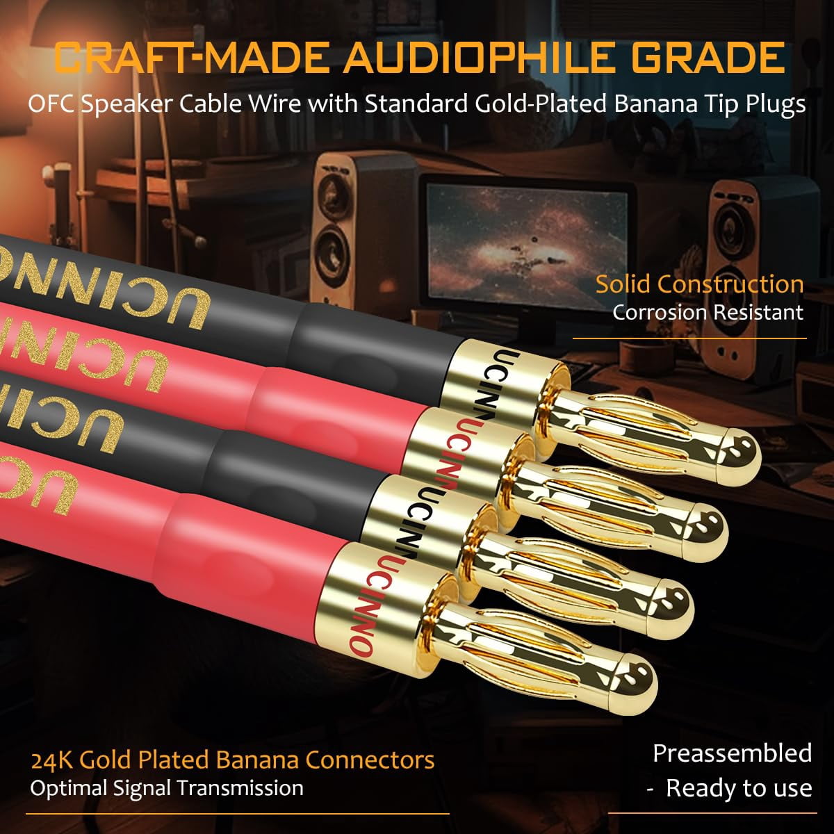 UCINNOVATE Speaker Cable with Banana Plugs, 2 Pack 9.8ft/3m 14 Gauge OFC Coaxial Speaker Wire with Gold-Plated Banana Plugs for Home Theater Amp Speakers