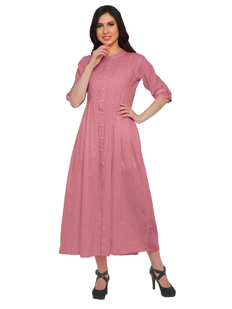 Moomaya Chinese Dresses For Women Solid Cotton Slub Roll Up Sleeve Long  Dress - Walmart.com
