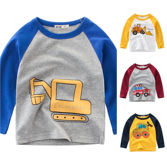 XIYON Boys Long Sleeve T-Shirts Toddler Kids Excavator Print Crew Neck T Shirts Casual Color Block Tee For Children Classic 3-4 Years
