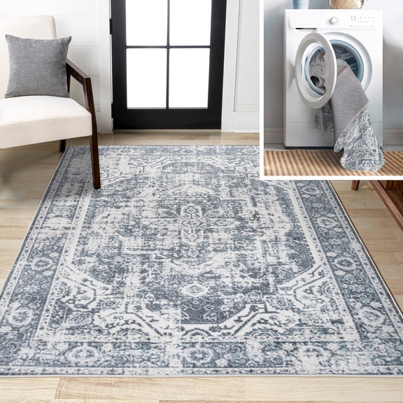 JONATHAN Y WASHABLE 5 x 8 Area Rug, Keesha Bold Distressed Medallion - Cream/Blue, WSH316B-5