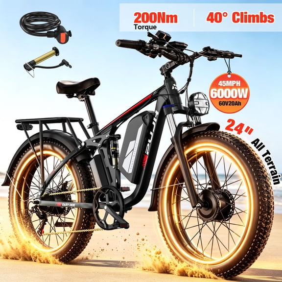 PUJH 6000w Electric Dirt Bike Dual Motor 60V 20Ah 45 mph 110 miles 200Nm 40 degree 24x4 inch Fat Tire Full Suspension Hydraulic Brakes for Adults