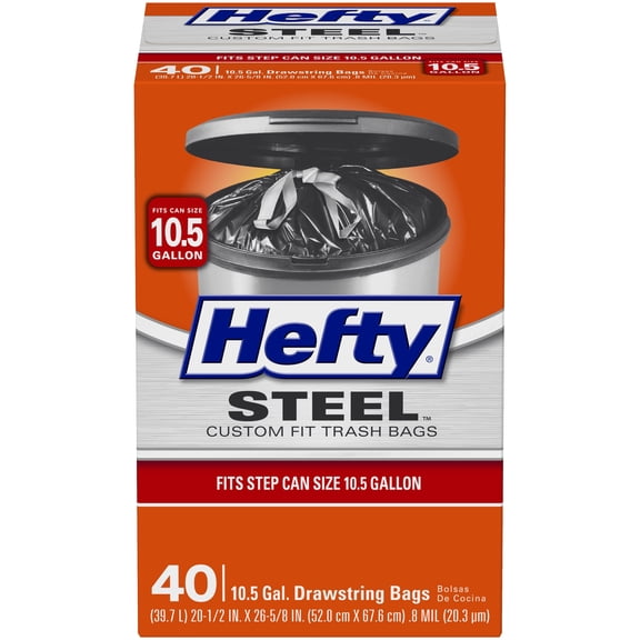Hefty Steel Custom Fit I Size Drawstring Trash Bags, Black, Fresh Scent, 10.5 Gallon, 40 Count