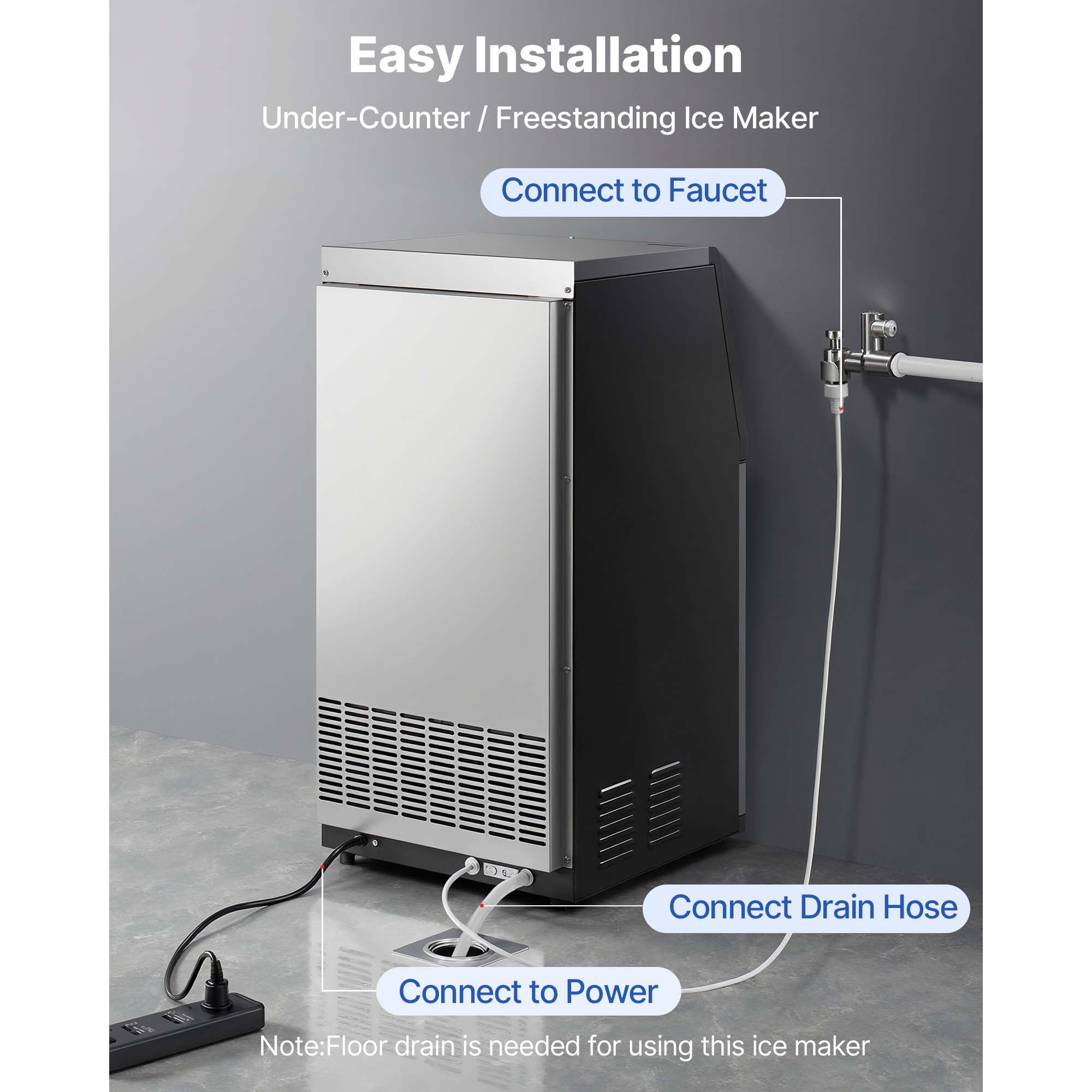 KFFKFF Commercial Ice Maker Machine 100Lbs/24H 30Lbs Storage Stainless Steel LED Self-Cleaning Built-in Freestanding Undercounter Ice Maker for Home Bar Restaurant
