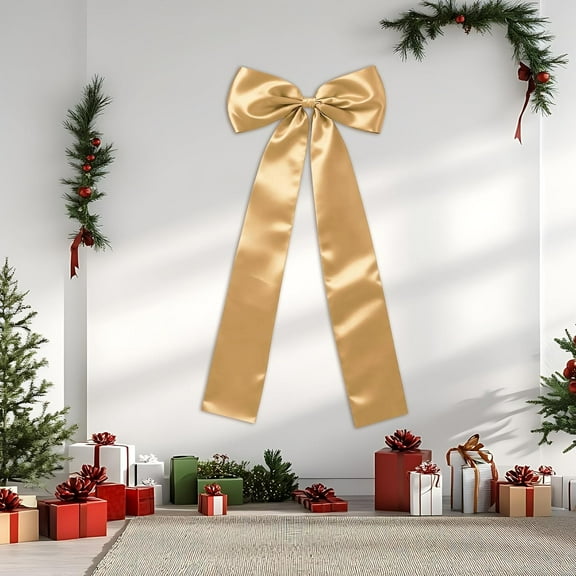 23.5x63 Inch Large Gold Christmas Bow for Christmas Tree, Big Gold Bow Xmas Tree Topper Ribbon Hanging Bows, for Holiday Home Wall Outdoor Indoor Party Crafts Christmas Decoration