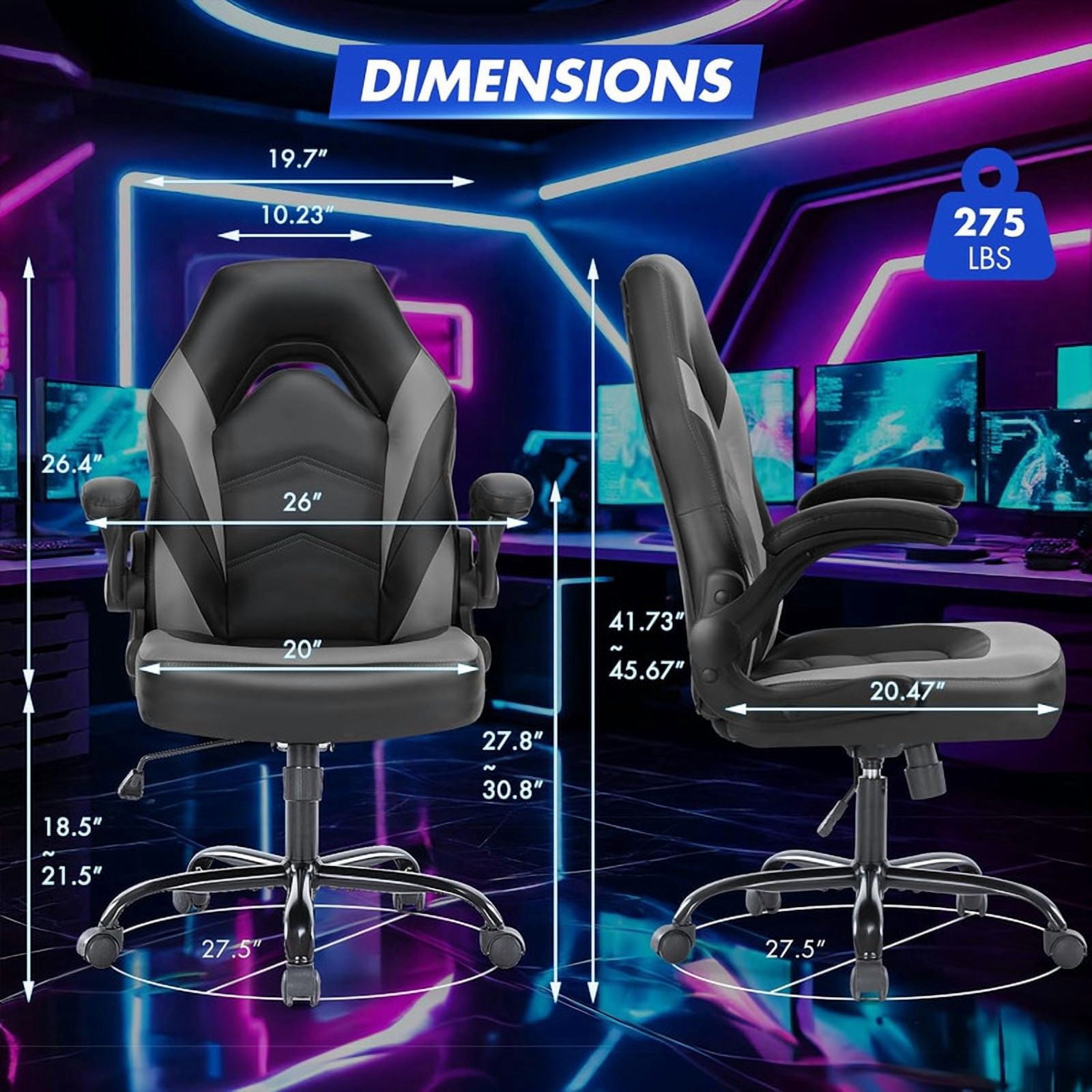 Beddle Gaming Office Chair, Ergonomic PU Leather High Back Swivel Computer Desk Chair with Flip-up Arms, Lumbar Support, Black Gray