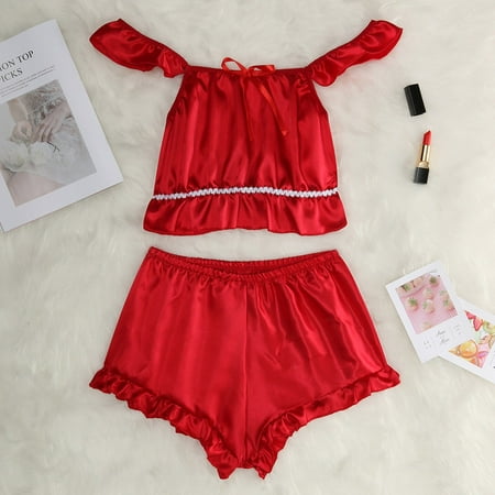 

NEGJ Women Solid Ruffle Passion Lingerie Sleepwear Plus Size Nightwear 2PC Set