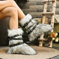 thumbnail image 5 of Rokment Womens Fuzzy Faux-Fur Mid Calf Winter Snow Boots with No Heel Fashion Punk Buckles Strappy Furry Plush Short Dress Booties Light Gray Size 6.5, 5 of 7
