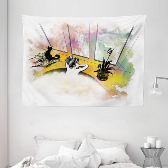 Modern Decor Tapestry, Girl with Cat Taking Bath in Spa Aroma Theraphy Relaxing Peaceful Illustration, Wall Hanging for Bedroom Living Room Dorm Decor, 80W X 60L Inches, Multicolor, by Ambesonne