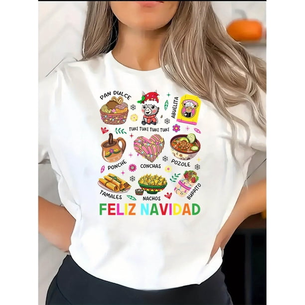 playera corta sin mangas para mujerWomen's Festive Navidad Graphic T-Shirt - Casual Round Neck Short Sleeve, Comfortable Polyester Blend, Vibrant Holiday-Themed Print, Perfect for Summer Celebration