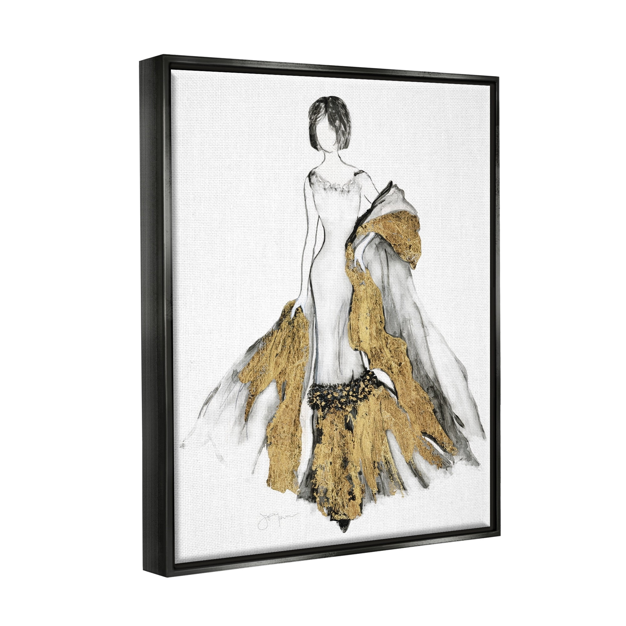 Stupell Industries Fashion Figure Drawing Female Glam Evening Gown Gold Jet Black Framed Floating Canvas Wall Art, 24x30, by Janet Tava