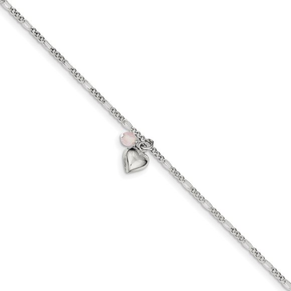 925 Sterling Silver Cherry Quartz Dangling Heart On Figaro Link Anklet Ankle Bracelet Love