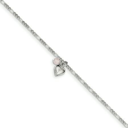 - 925 Sterling Silver Cherry Quartz Dangling Hearts On Figaro Link Anklet Ankle Beach Chain Bracelet For Women Gift Set