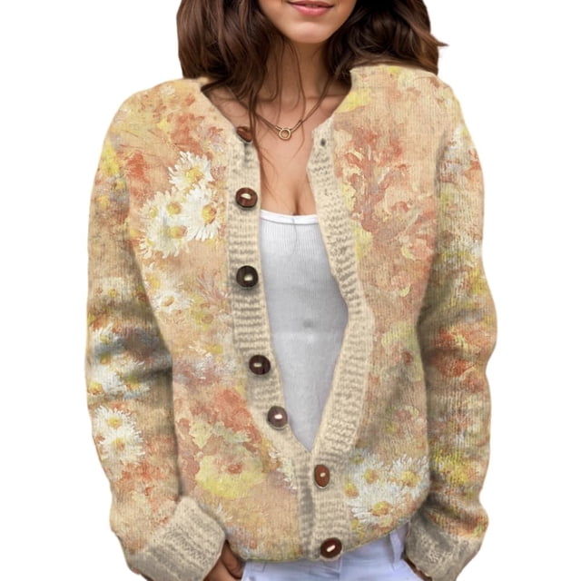 Jersey tipo cárdigan Akivide de punto con estampado floral de otoño para mujer