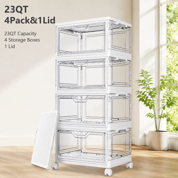 Clear Plastic Storage Bins with Lids - 4 Tier 23QT Stackable Closet Organizer Boxes for Bedroom & Living Room, Foldable Containers with Magnetic Door