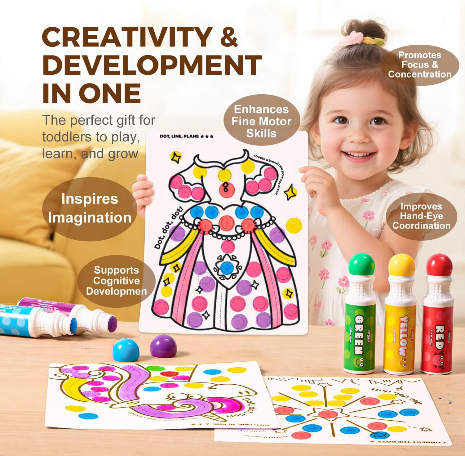 Jar Melo 12 Colors Washable Dot Markers Kit for 3-8+ Age Kids, Non Toxic Dot Paint Markers with 108 Free Pdf Activity Book & Physical Sheets 2.1 fl.oz