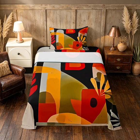 Manfei Abstract Mid-Century Twin Sheets, Minimalist Leaf Bedding, Orange Red, Black Reversible 3-Piece1 Flat Sheet   1 Fitted Sheet   1 Pillowcase