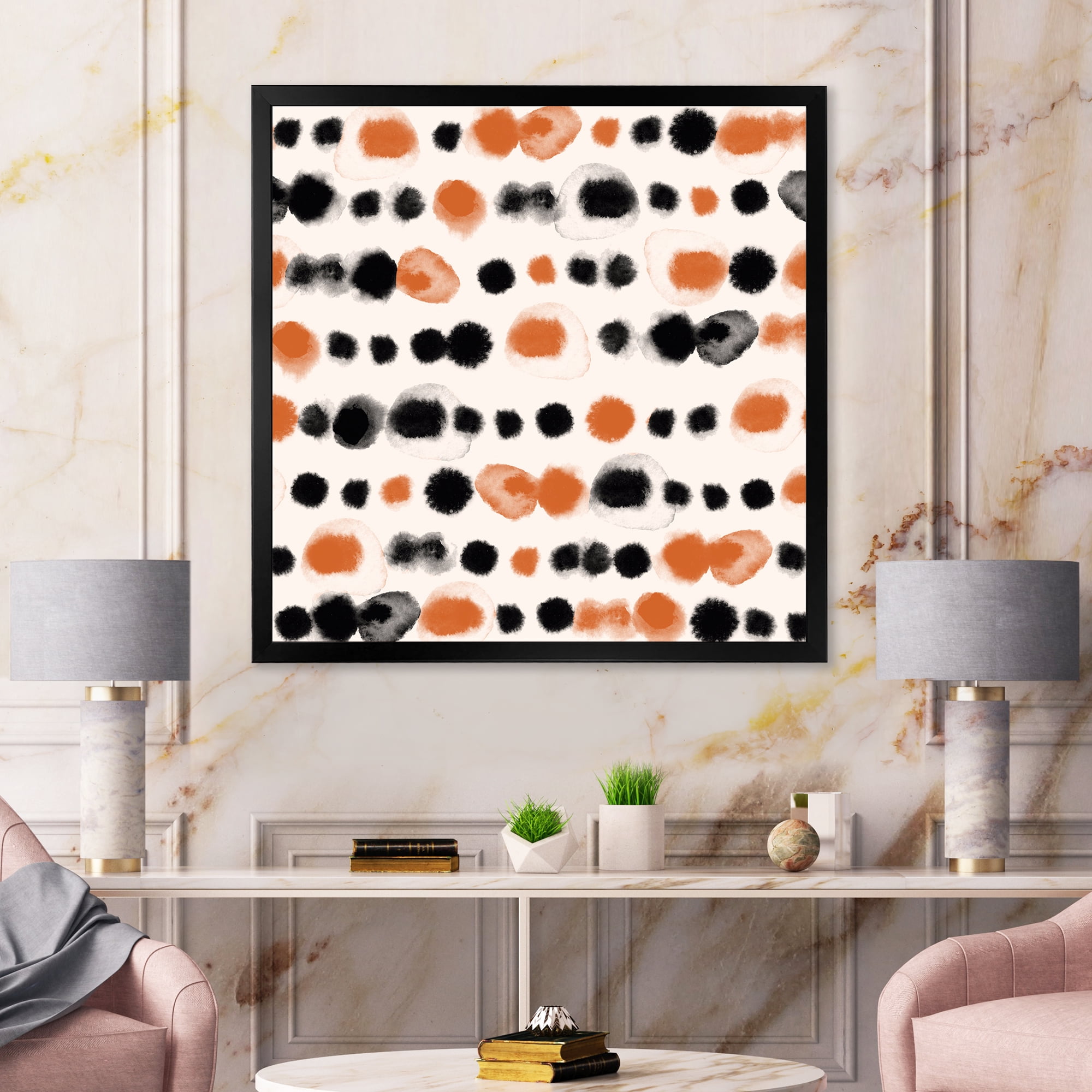 Designart 'Orange and Black Polka Dots' Modern Framed Art Print