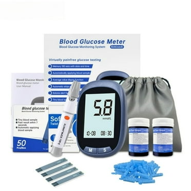 Blood Glucose Monitor Kit, 50 Glucometer Strips, 50 Lancets, 1 Blood Sugar Monitor, Blood Sugar Test Kit with Control Solution, Lancing Device, No Coding, Large Display