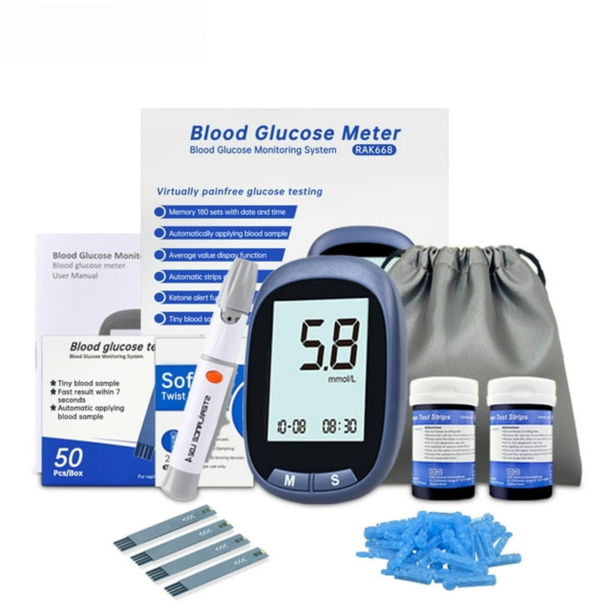 Blood Glucose Monitor Kit, 50 Glucometer Strips, 50 Lancets, 1 Blood Sugar Monitor, Blood Sugar Test Kit with Control Solution, Lancing Device, No Coding, Large Display